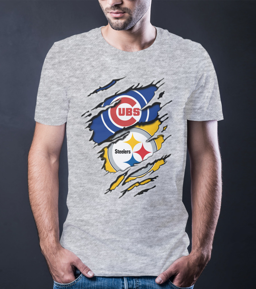 Steelers Cubs Logos With Torn Fabric T-Shirt