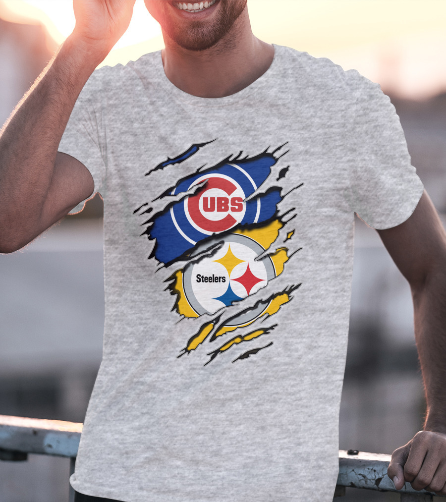 Steelers Cubs Logos With Torn Fabric T-Shirt