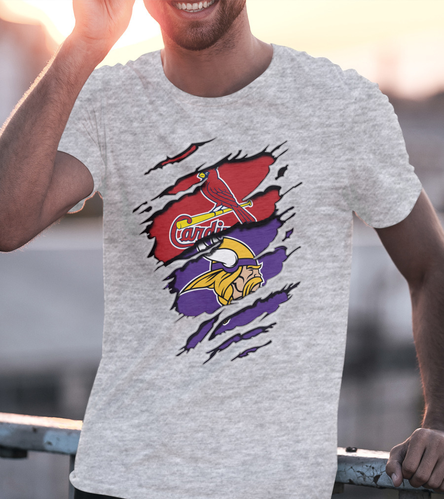 Vikings And Cardinals Logos Torn Effect T-Shirt