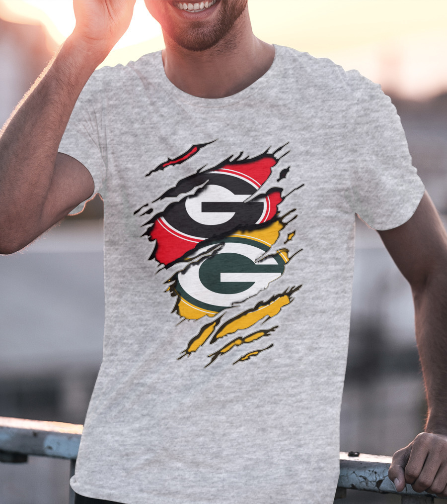 Green Bay Packers Georgia Bulldogs Dual Logo Rip Claw Marks T-Shirt