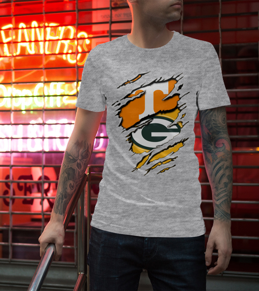 Tennessee Vols And Green Bay Packers Torn Logo Fusion T-Shirt