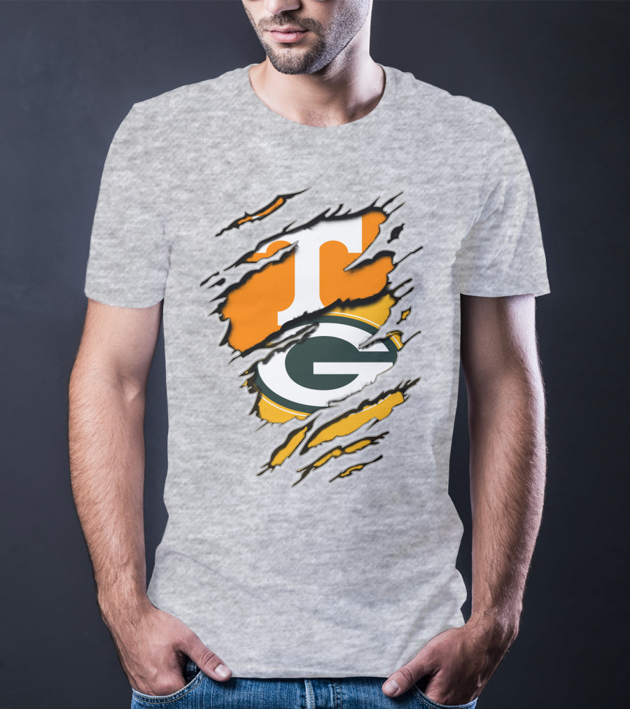 Tennessee Vols And Green Bay Packers Torn Logo Fusion T-Shirt