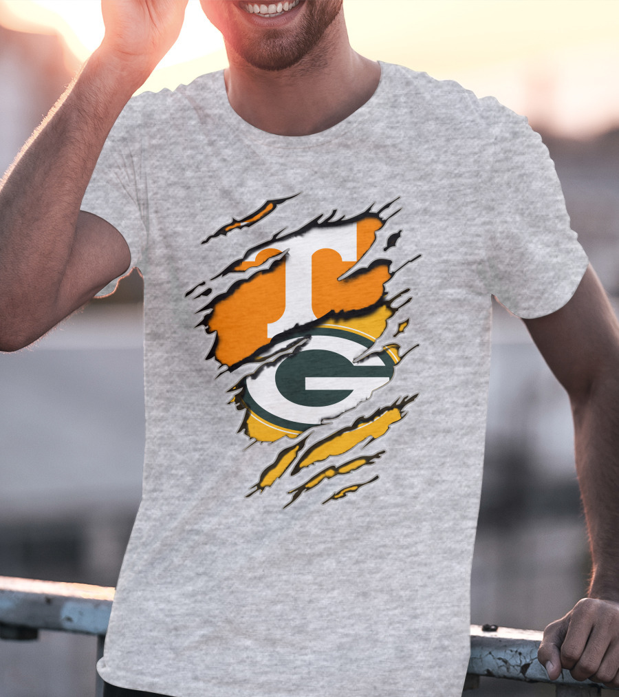 Tennessee Vols And Green Bay Packers Torn Logo Fusion T-Shirt