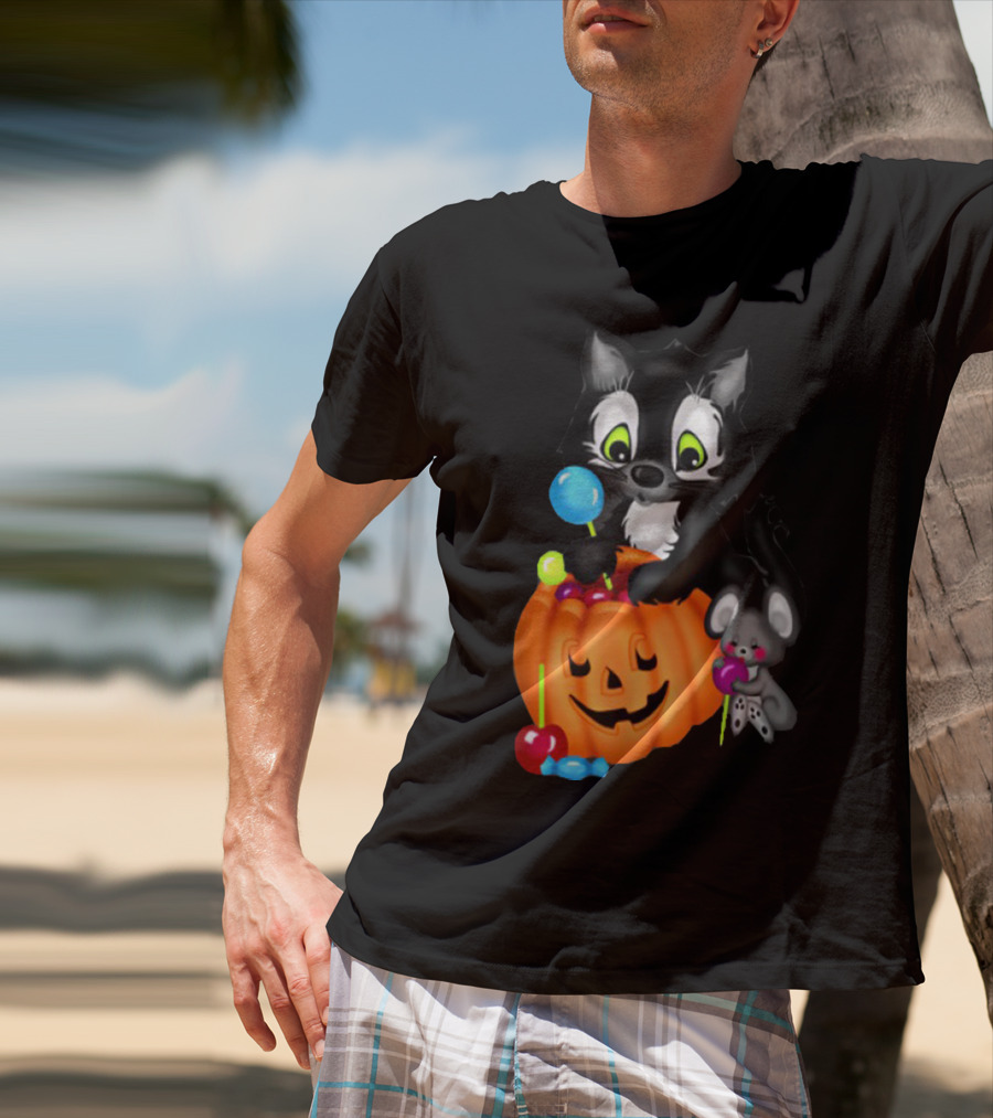 Halowen Cute Cat And Mouse With Candy And Pumpkin T-Shirt