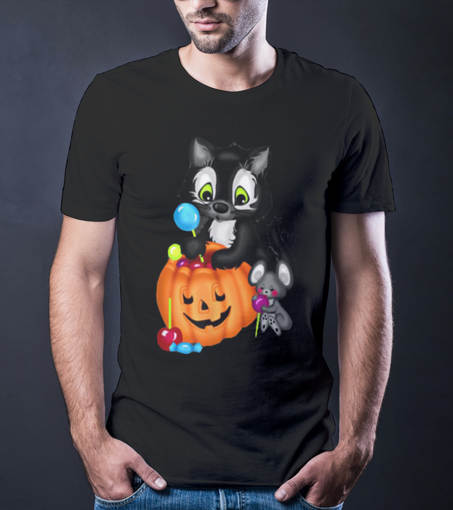 Halowen Cute Cat And Mouse With Candy And Pumpkin T-Shirt