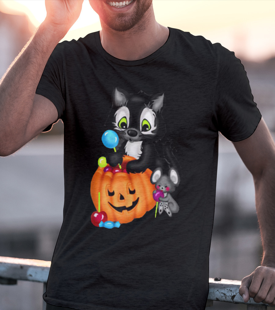 Halowen Cute Cat And Mouse With Candy And Pumpkin T-Shirt