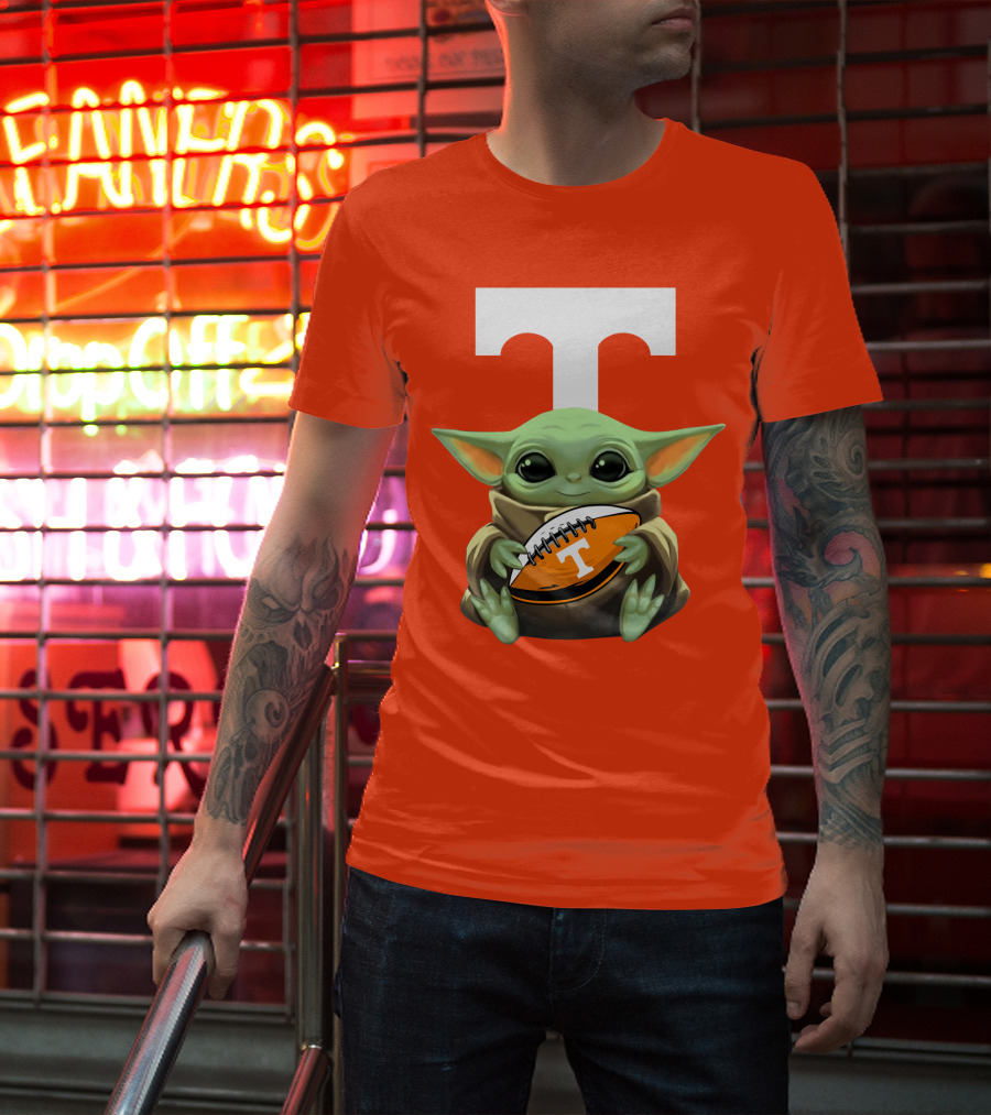 Baby Yoda Holding Tennessee Volunteers Football Ball T-Shirt