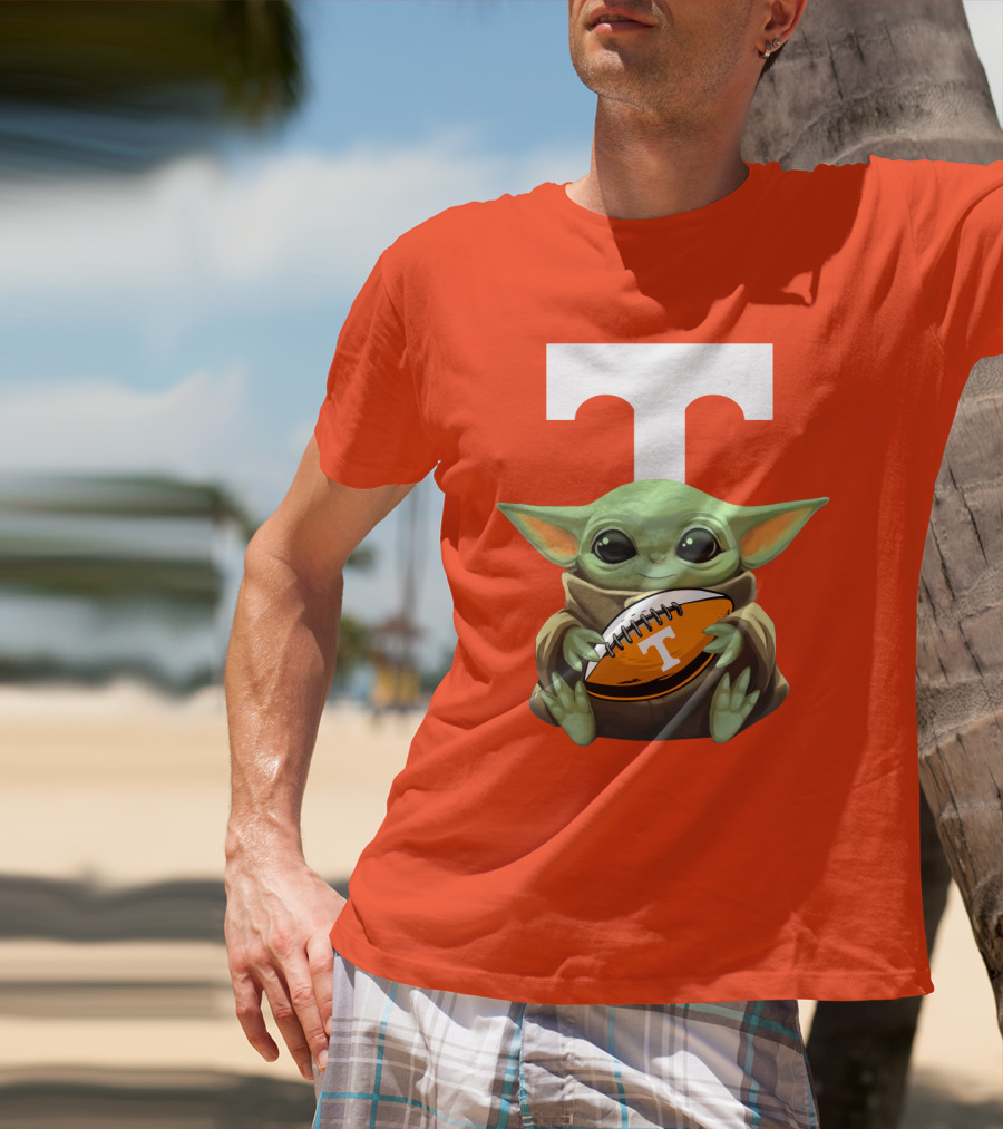 Baby Yoda Holding Tennessee Volunteers Football Ball T-Shirt
