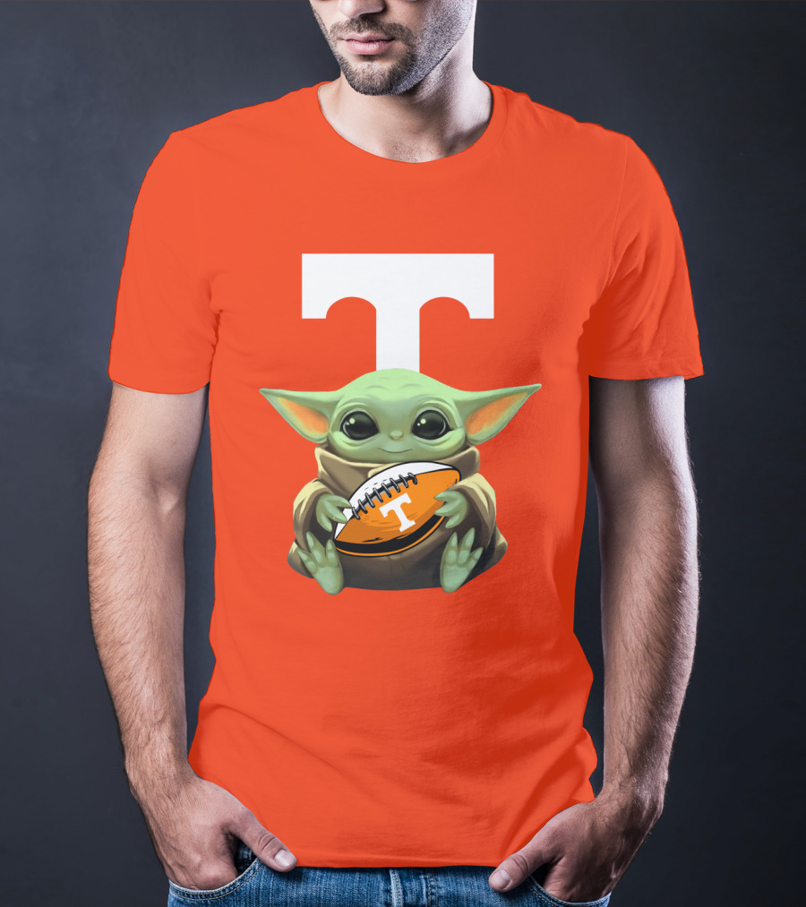 Baby Yoda Holding Tennessee Volunteers Football Ball T-Shirt