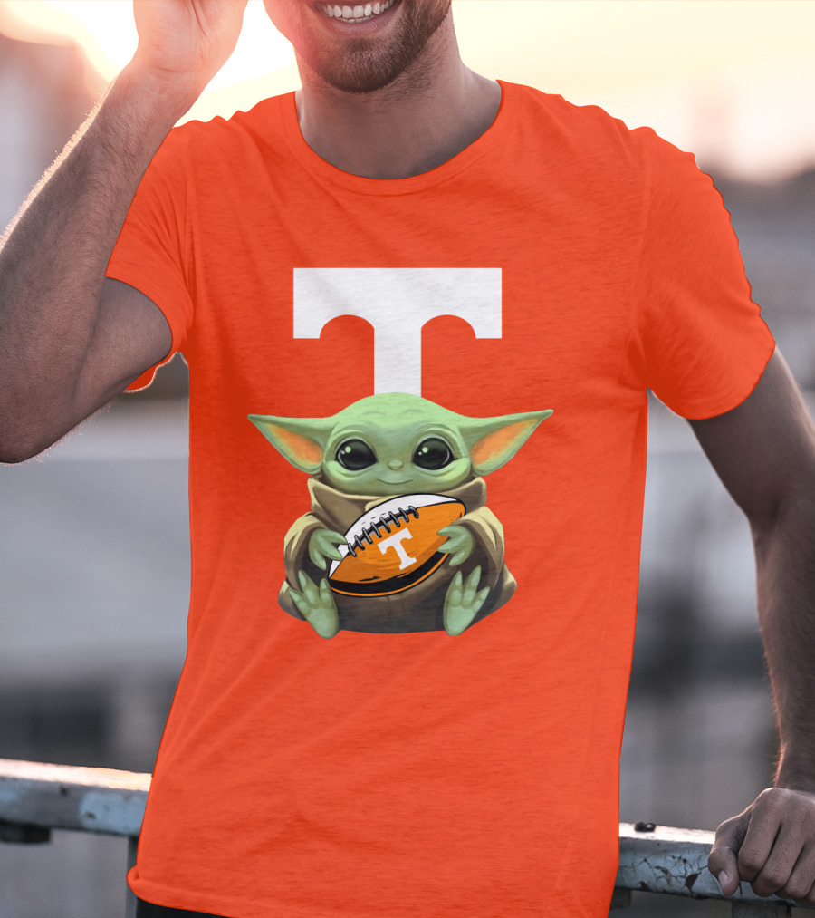 Baby Yoda Holding Tennessee Volunteers Football Ball T-Shirt