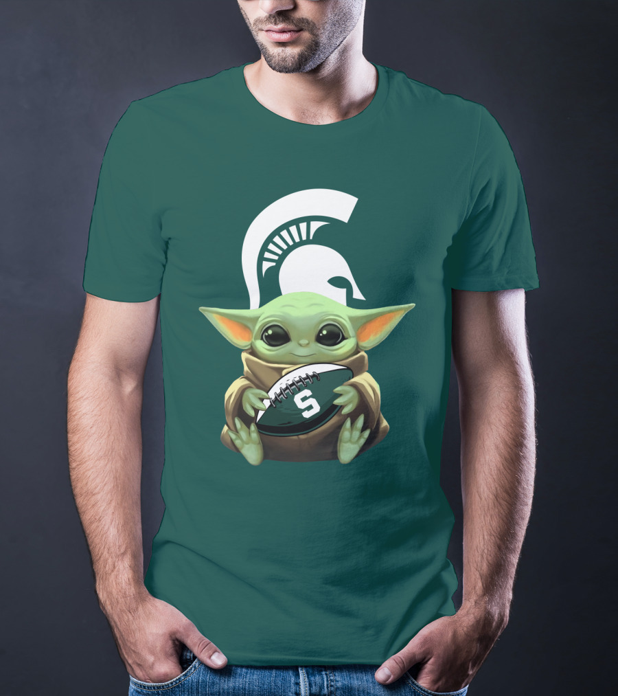Baby Yoda Holding Football With Michigan State Spartans Helmet T-Shirt