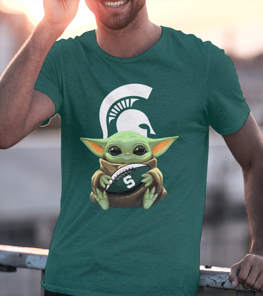 Baby Yoda Holding Football With Michigan State Spartans Helmet T-Shirt