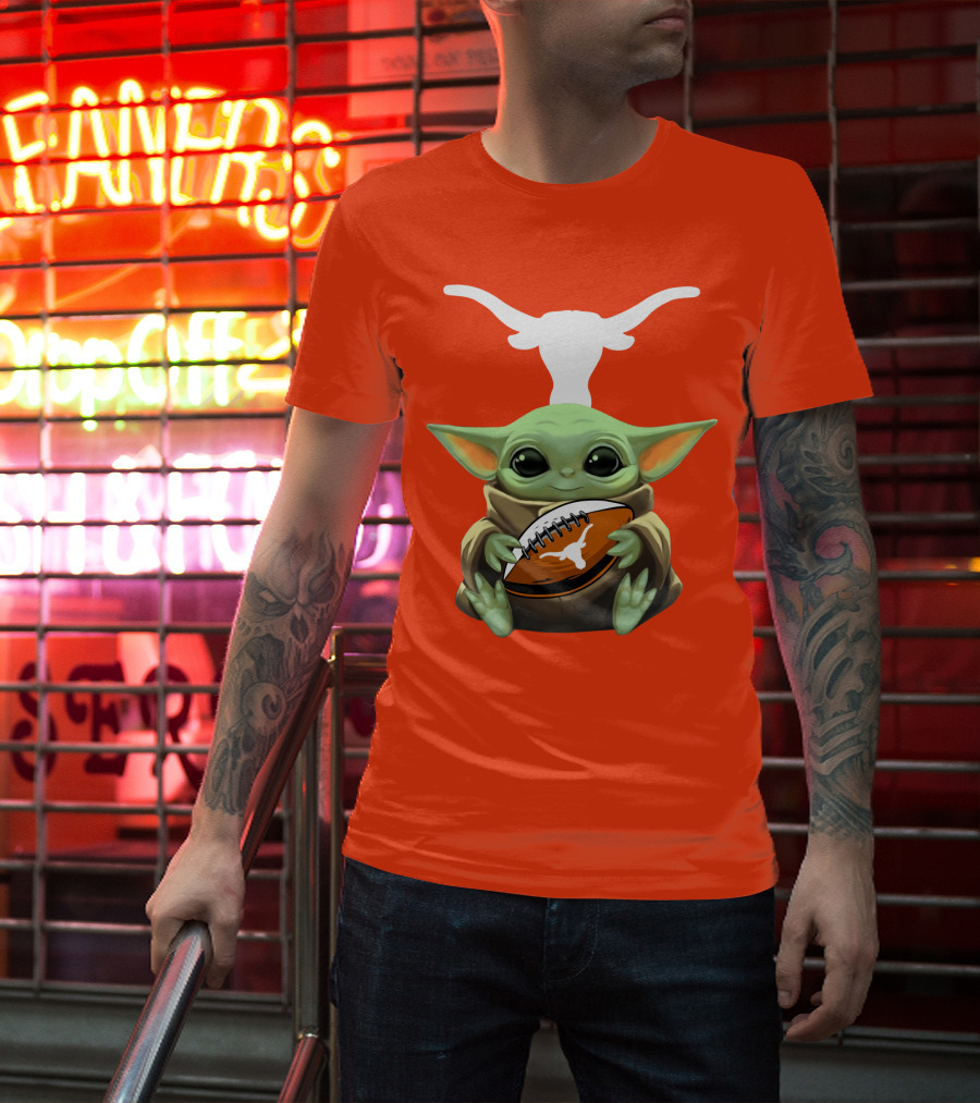 Baby Yoda Longhorns Football Logo Orange Background T-Shirt