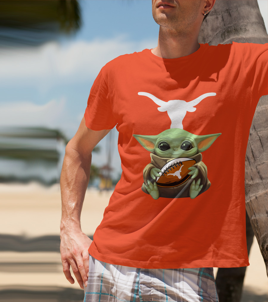 Baby Yoda Longhorns Football Logo Orange Background T-Shirt