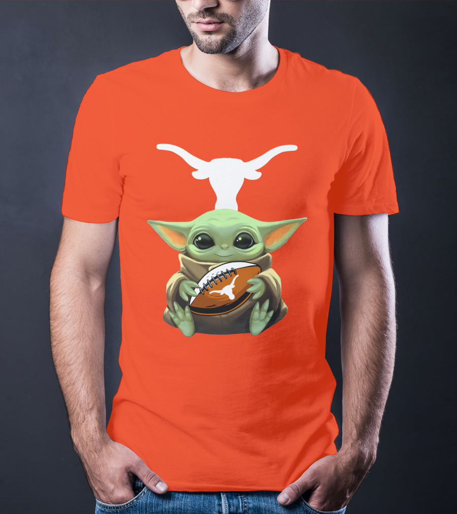 Baby Yoda Longhorns Football Logo Orange Background T-Shirt