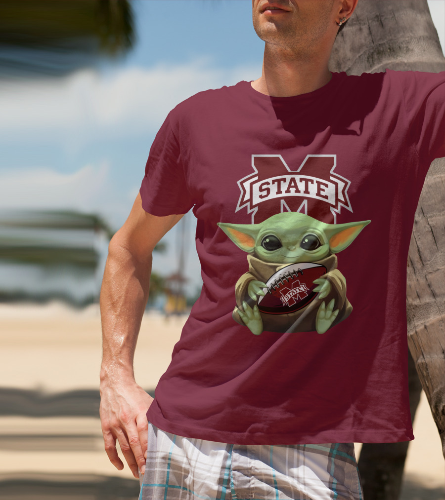 Baby Yoda Holding Mississippi State Bulldogs Football T-Shirt