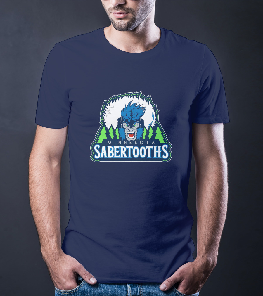 Minnesota Sabertooths NBA Logo With Blue Sabertooth And Green Pine Trees T-Shirt