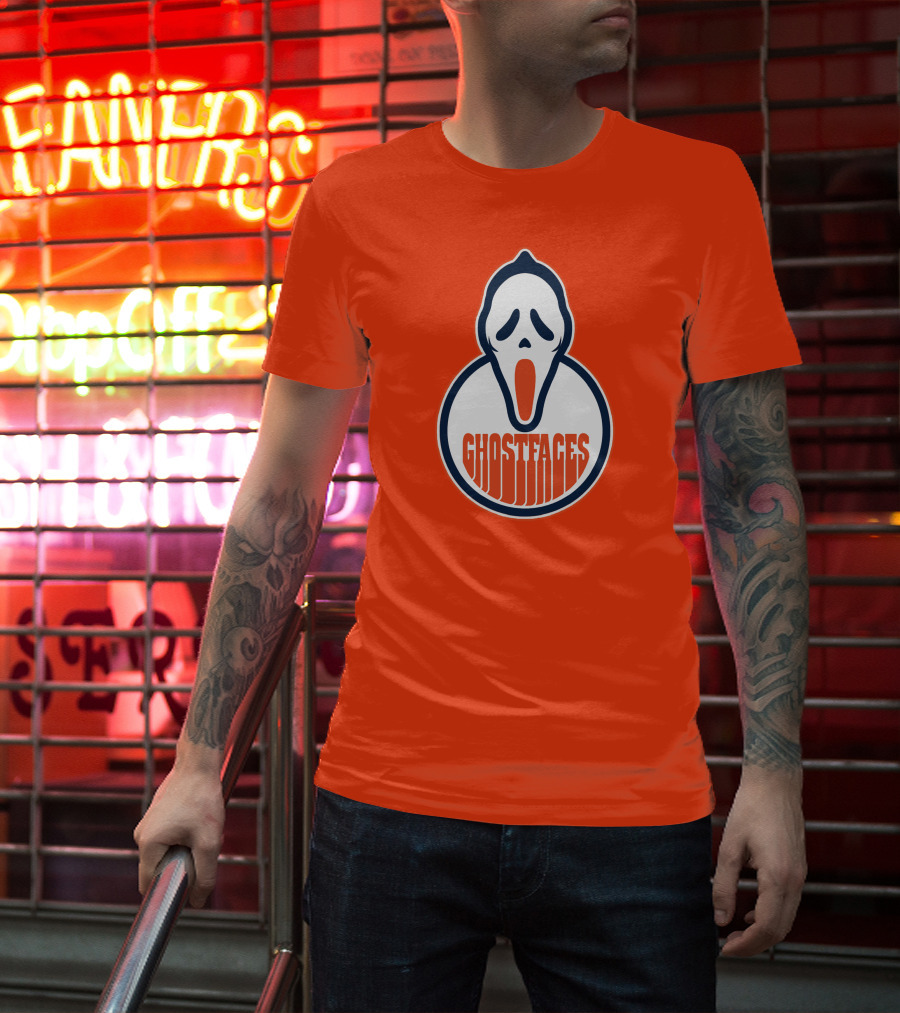 Edmonton Ghostfaces NHL Scream Parody Logo Orange Background T-Shirt