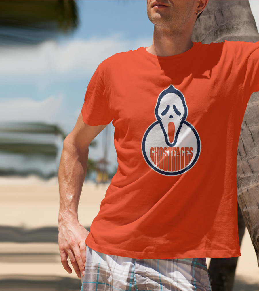Edmonton Ghostfaces NHL Scream Parody Logo Orange Background T-Shirt
