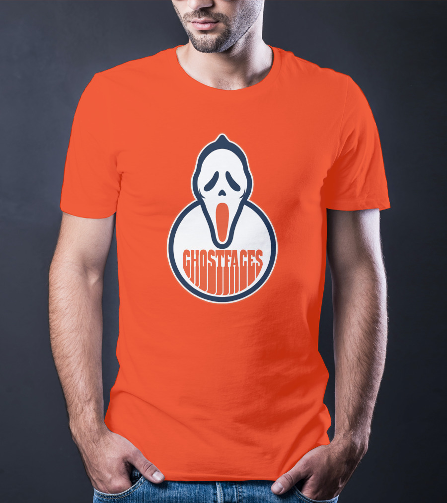 Edmonton Ghostfaces NHL Scream Parody Logo Orange Background T-Shirt
