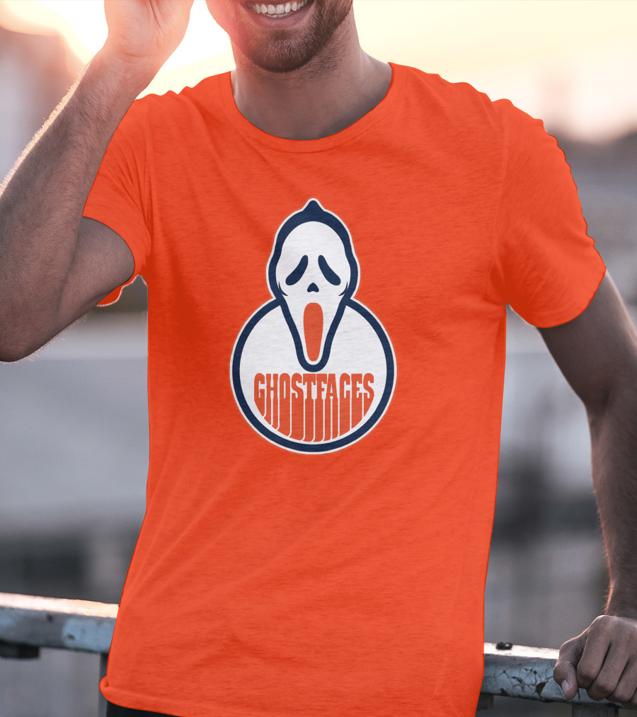 Edmonton Ghostfaces NHL Scream Parody Logo Orange Background T-Shirt
