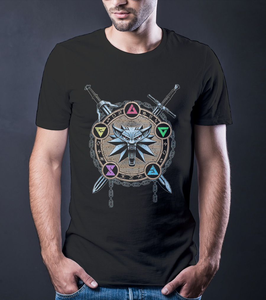 Mark Of Wolf Color Wild Hunt Witcher Medallion And Swords With Elemental Symbols T-Shirt