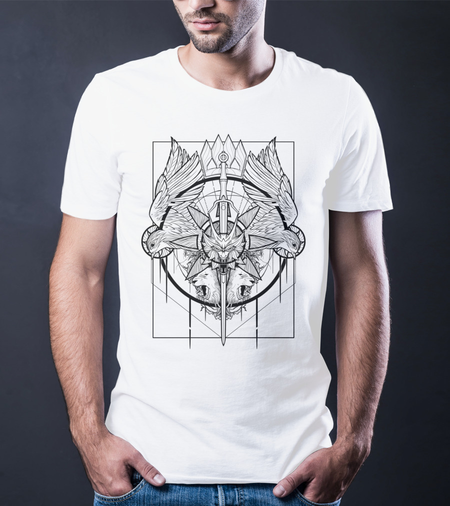 Child Of Destiny Wild Hunt Wolf Sword Medallion Raven Symbols T-Shirt