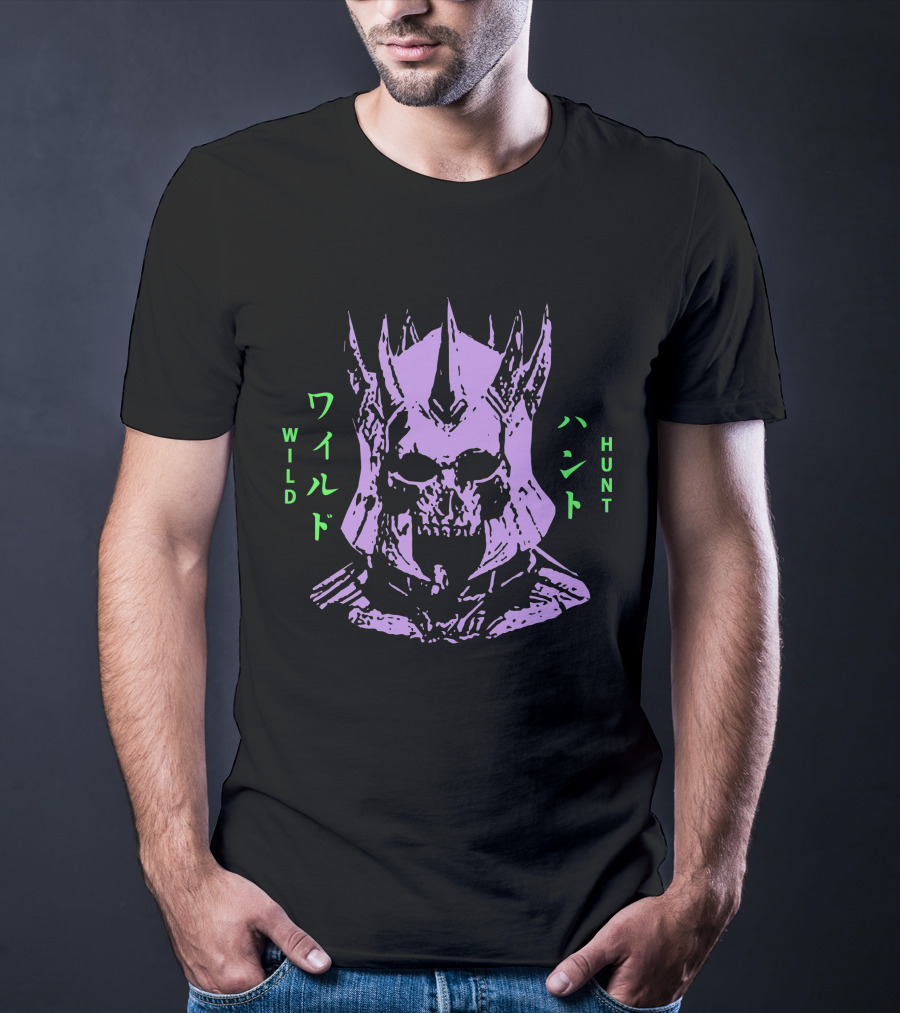 Wild Hunt 3 Skull Helmet Purple Japanese Text T-Shirt