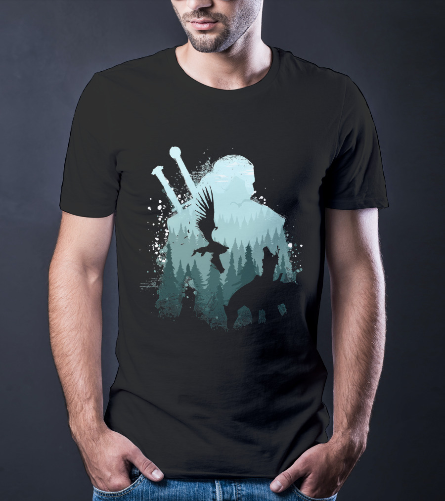 Wild Huntsman Silhouette With Swords Forest And Animals T-Shirt