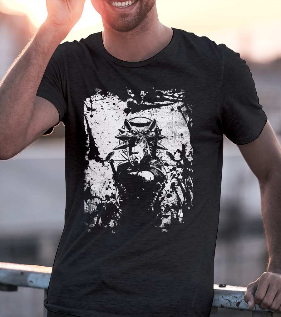 The Witcher 3 Wild Hunt Geralt Wolf School Emblem Splatter T-Shirt