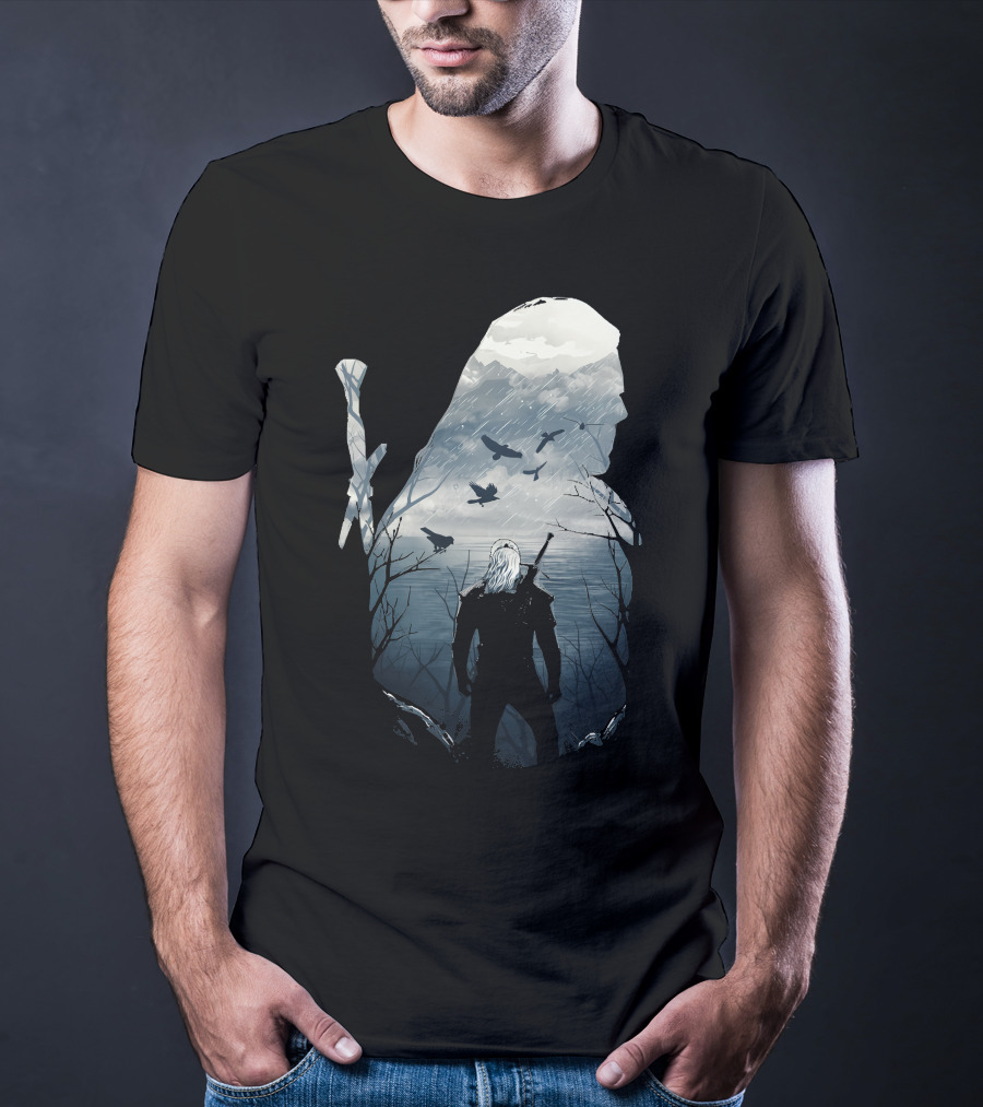 Wild Hunt Forest Geralt Silhouette With Mountains Ravens Sword T-Shirt