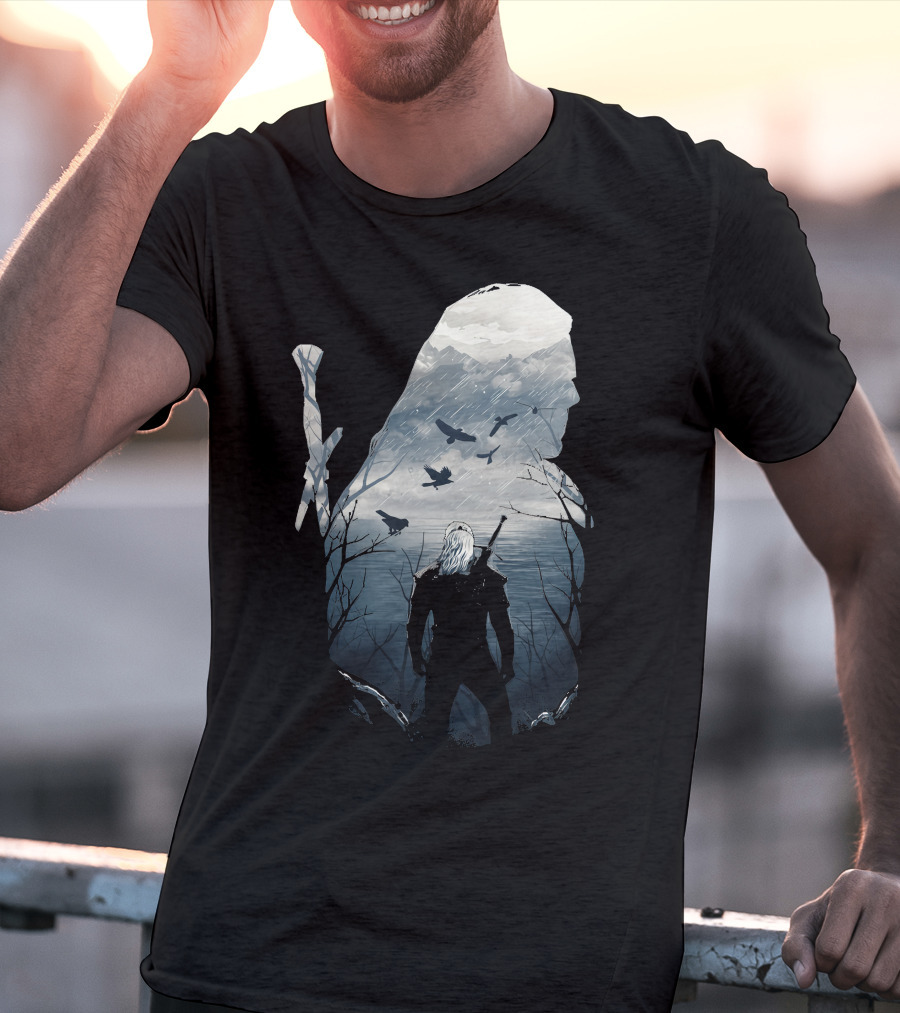 Wild Hunt Forest Geralt Silhouette With Mountains Ravens Sword T-Shirt
