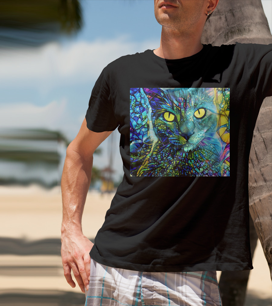 Cochfdhfdhfdh Stained Glass Mosaic Cat With Vibrant Yellow Eyes T-Shirt