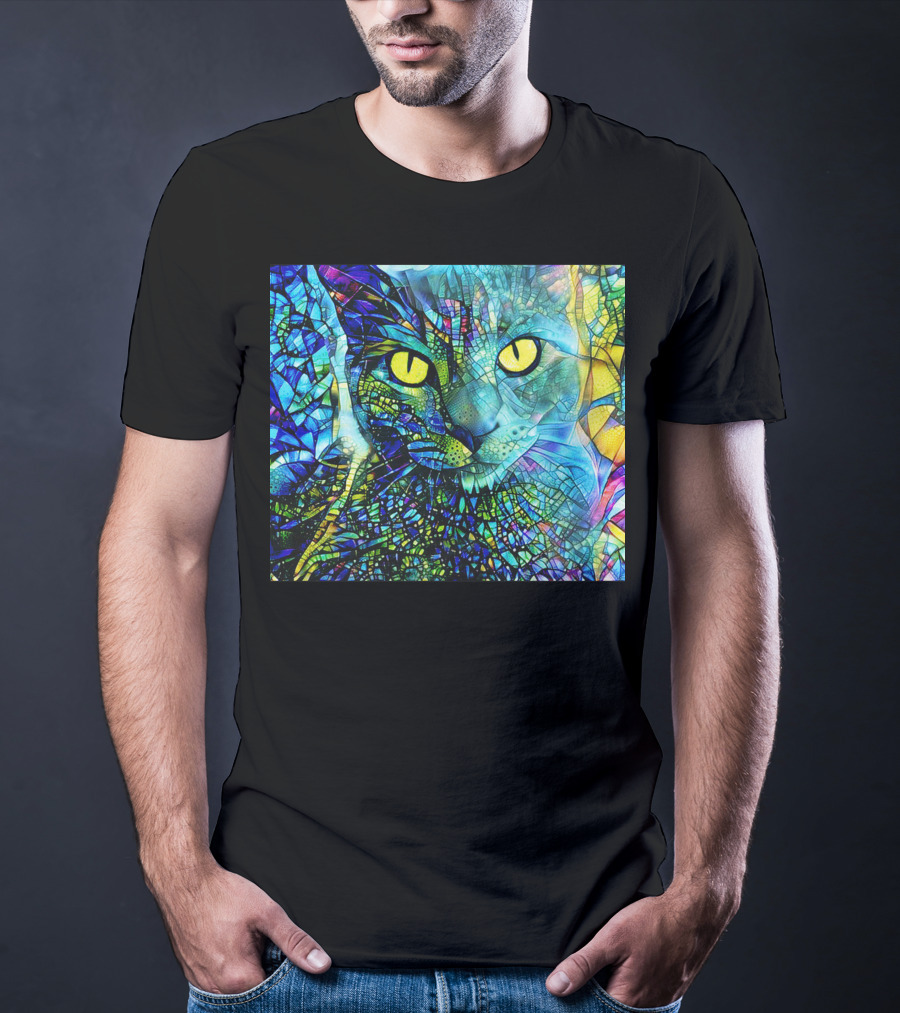 Cochfdhfdhfdh Stained Glass Mosaic Cat With Vibrant Yellow Eyes T-Shirt