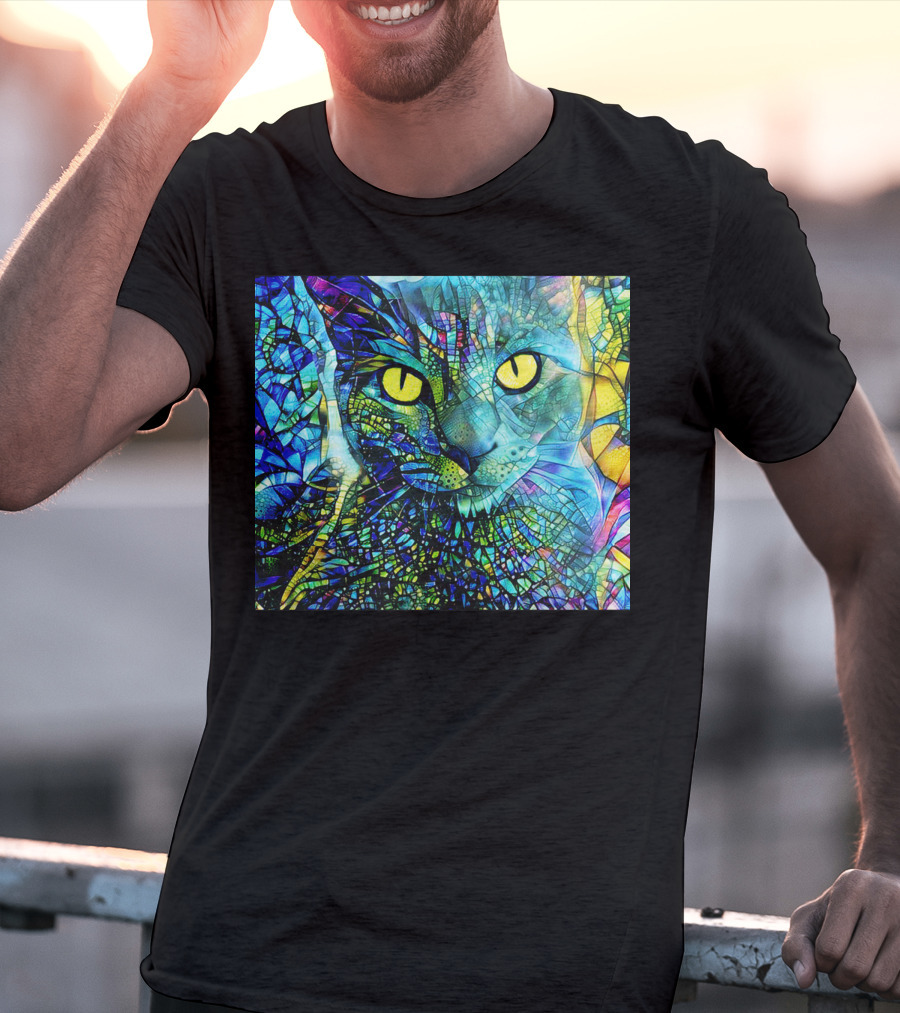 Cochfdhfdhfdh Stained Glass Mosaic Cat With Vibrant Yellow Eyes T-Shirt