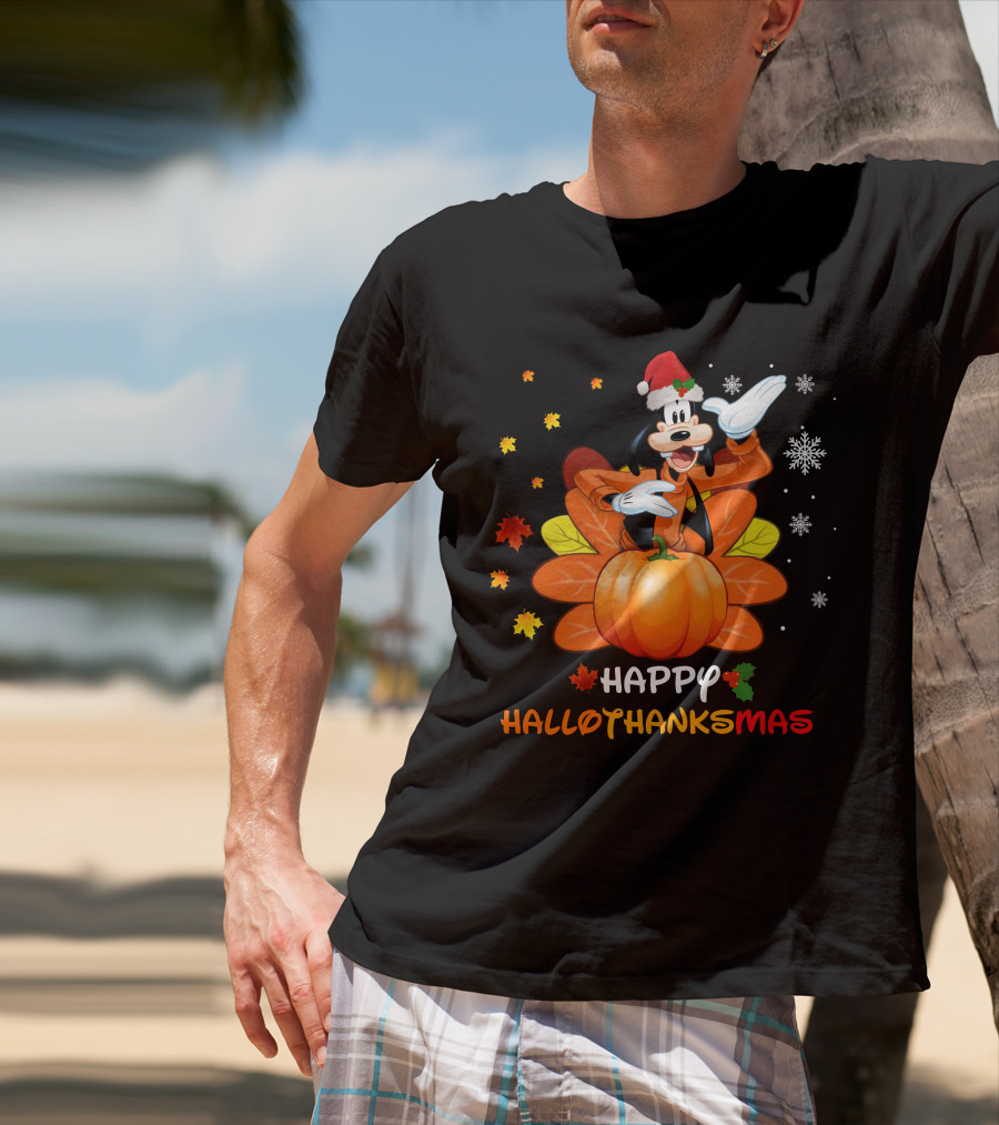 Happy Goofy HalloThanksMas Snowflakes Pumpkin Leaves Santa Hat T-Shirt