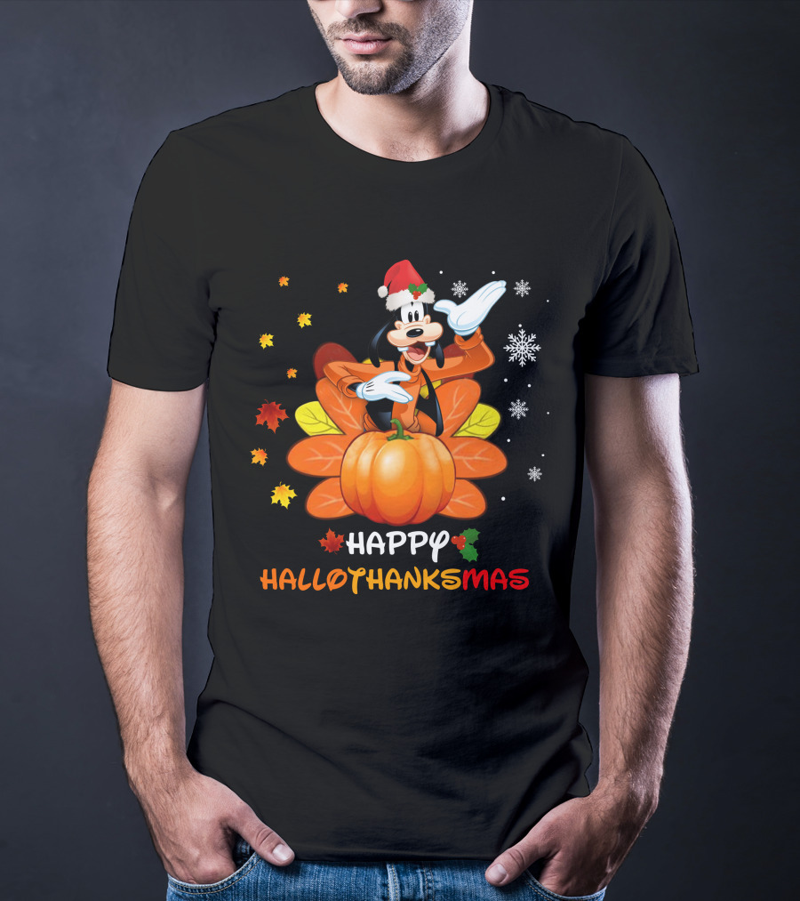 Happy Goofy HalloThanksMas Snowflakes Pumpkin Leaves Santa Hat T-Shirt
