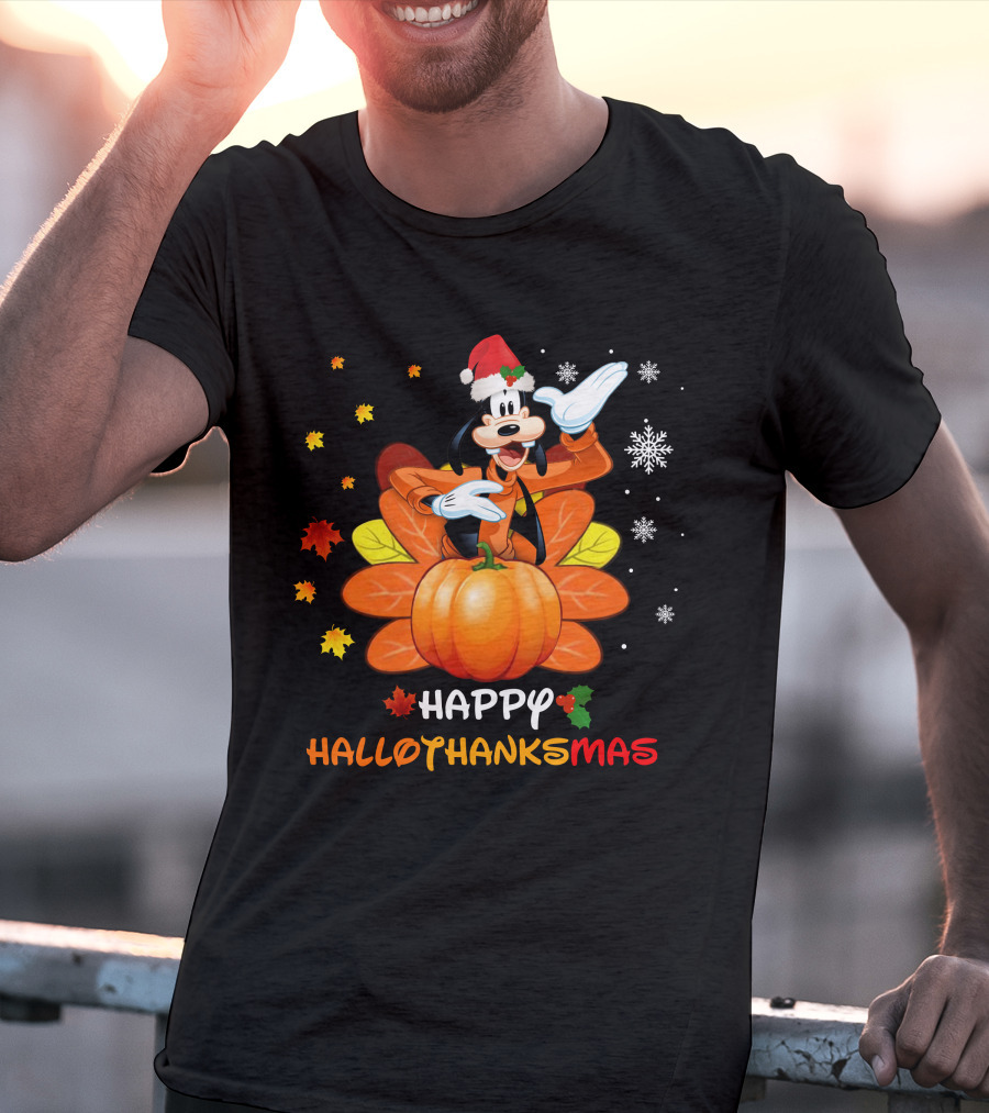 Happy Goofy HalloThanksMas Snowflakes Pumpkin Leaves Santa Hat T-Shirt