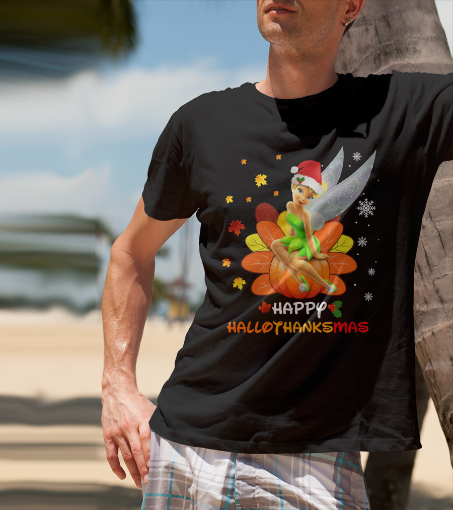 Tinkerbell Happy HalloThanksMas Pumpkin Santa Hat Snowflakes T-Shirt