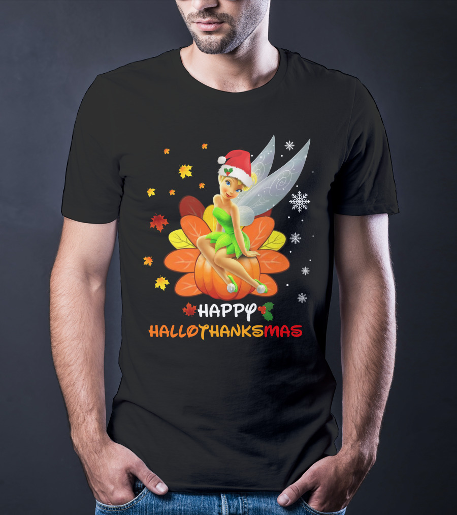 Tinkerbell Happy HalloThanksMas Pumpkin Santa Hat Snowflakes T-Shirt