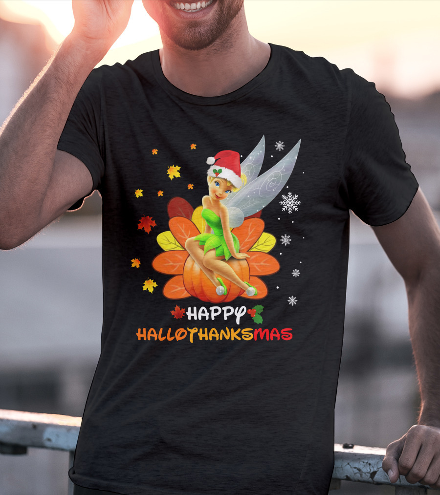 Tinkerbell Happy HalloThanksMas Pumpkin Santa Hat Snowflakes T-Shirt