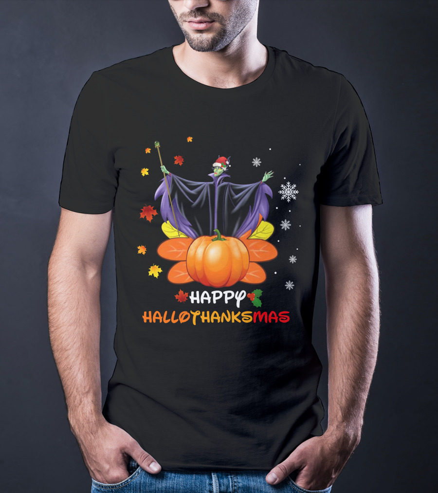 Happy Hallothanksmas Maleficent With Pumpkin And Santa Hat T-Shirt