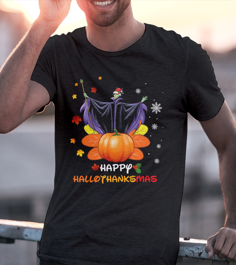Happy Hallothanksmas Maleficent With Pumpkin And Santa Hat T-Shirt