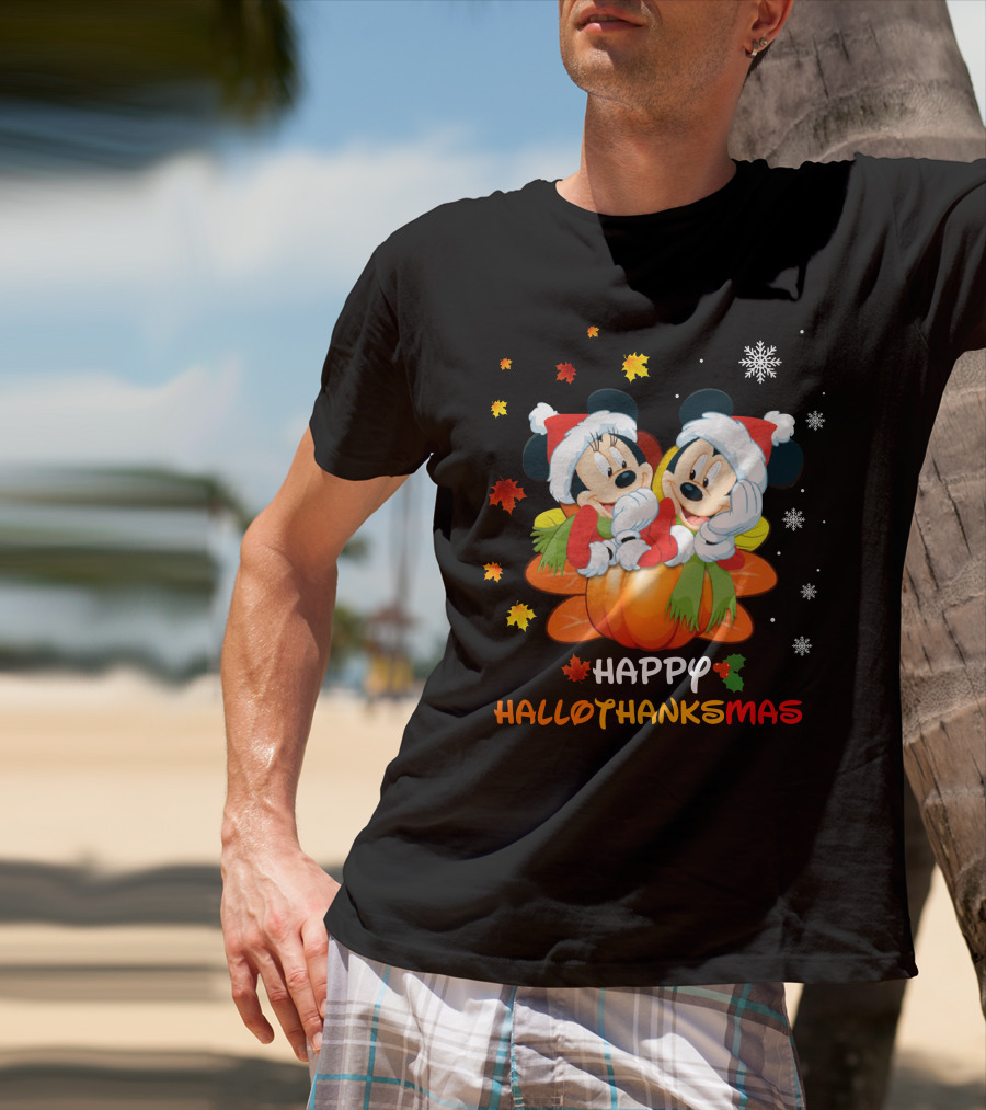 Mickey Happy HalloThanksMas Pumpkin Leaves Snowflakes T-Shirt