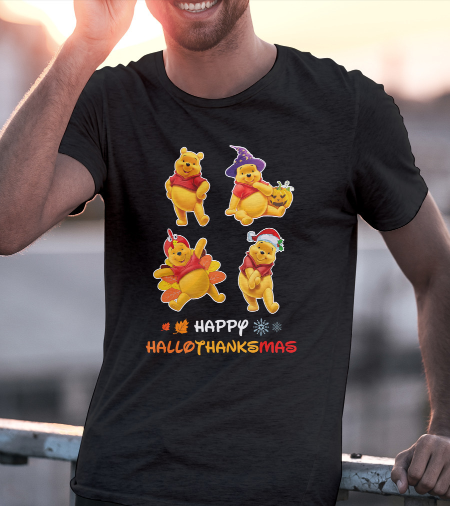 Happy Halloween Thanksgiving Christmas Pooh многопраздничная радость T-Shirt