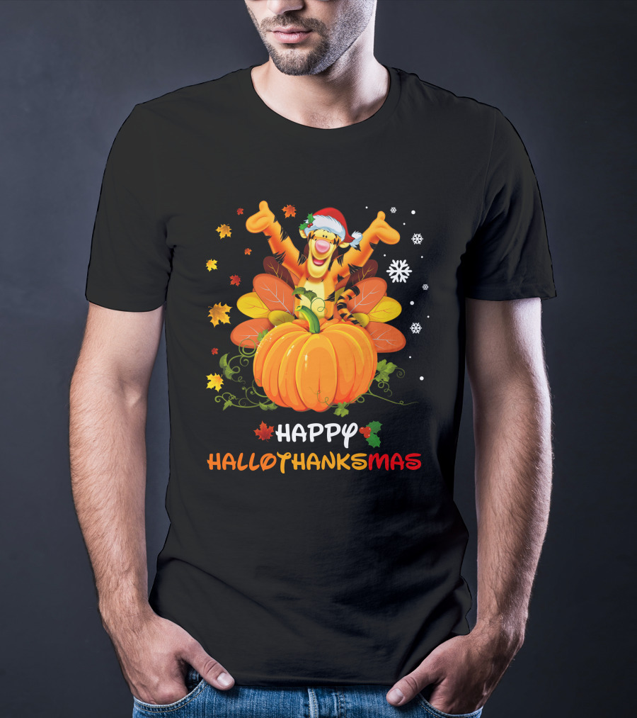 Happy Hallothanksmas Tigger Pumpkin Snowflakes Holiday T-Shirt