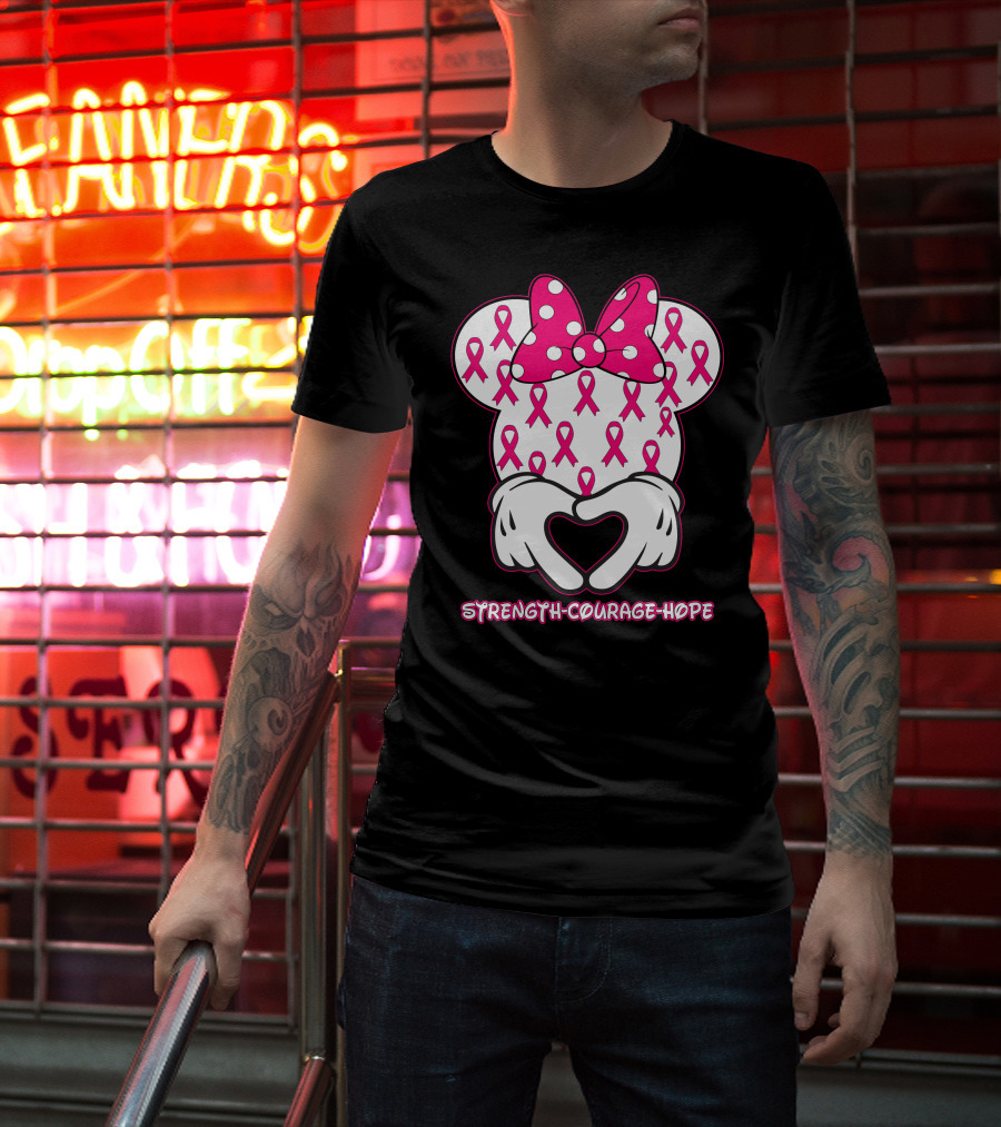 Strength Courage Hope Pink Ribbon Minnie Ears Hands Heart T-Shirt