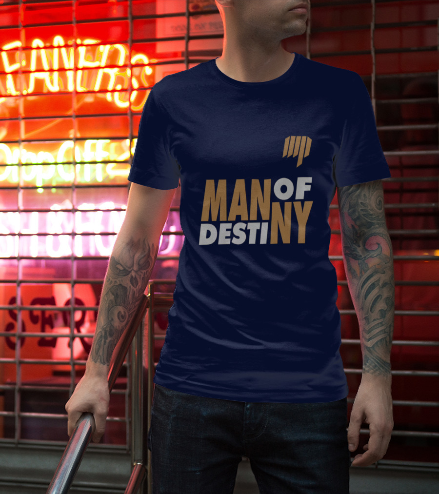 Man Of Destiny Blue And Gold Text With Vertical Stripe T-Shirt