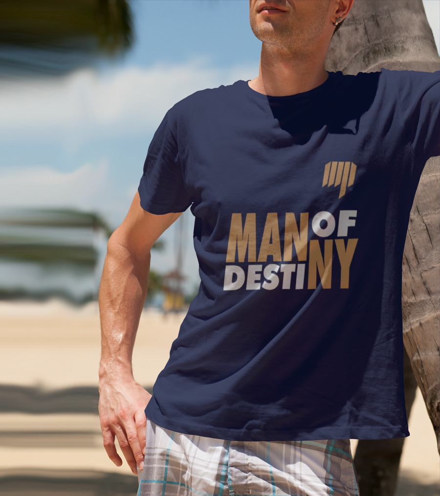 Man Of Destiny Blue And Gold Text With Vertical Stripe T-Shirt
