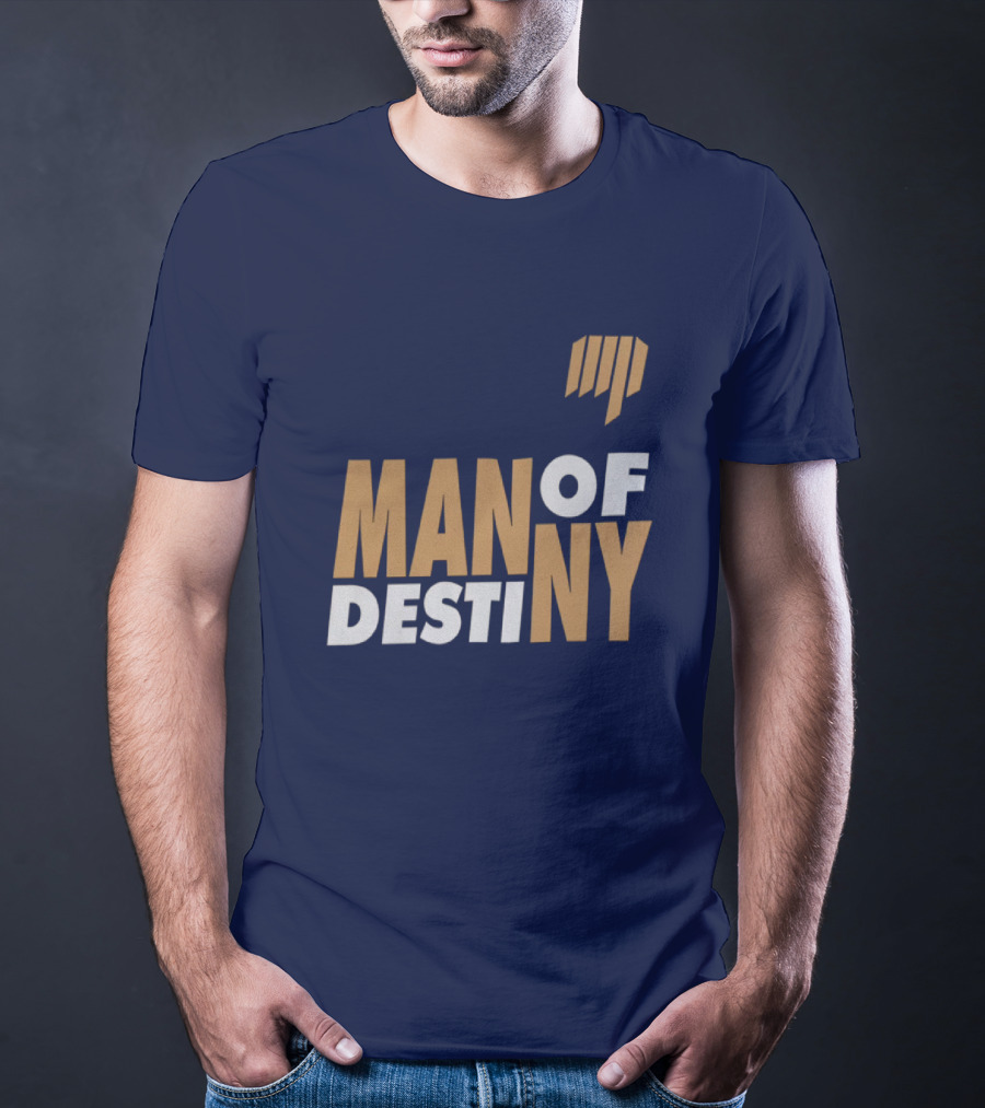 Man Of Destiny Blue And Gold Text With Vertical Stripe T-Shirt
